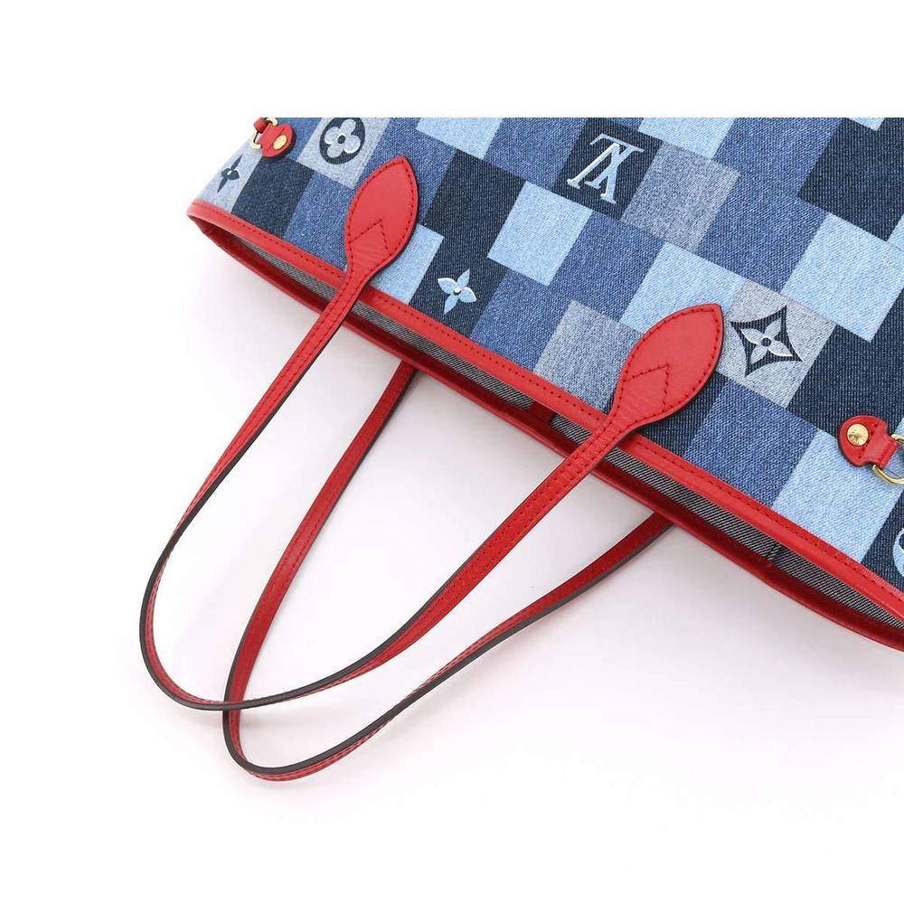 Louis Vuitton Denim Monogram Neverfull MM Tote Bag Blue Red - Picture 5 of 6
